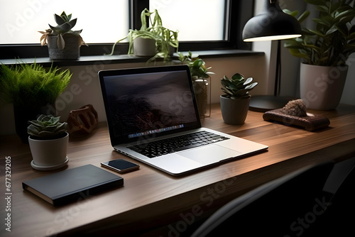Laptop on wooden table in office. Workplace with computer. smartphone and plant. © Muhammad