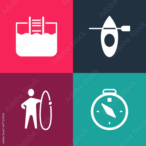 Set pop art Compass, Surfboard, Kayak and paddle and Swimming pool with ladder icon. Vector