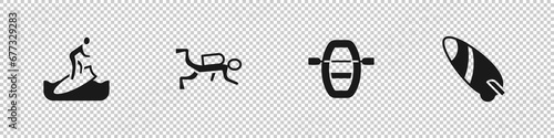 Set Surfboard, Scuba diver, Boat with oars and icon. Vector
