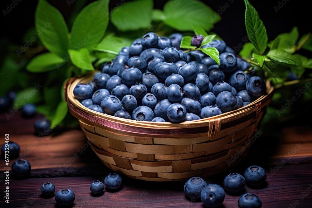 Freshly picked blueberries and blueberry leaves in a basket Freshly picked blueberries and blueberry leaves in a basket