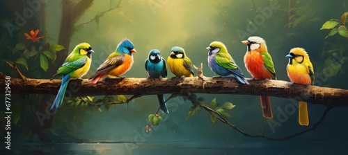 Tropical birds sitting on a tree branch in the rainforest