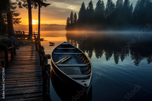 A lone canoe tethered to a rustic wooden dock at dawn, mist rising off the lake