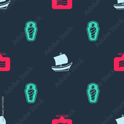 Set Flag Of Egypt, Egyptian ship and mummy in sarcophagus on seamless pattern. Vector