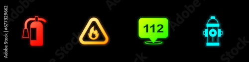 Set Fire extinguisher, flame triangle, Emergency call and hydrant icon. Vector