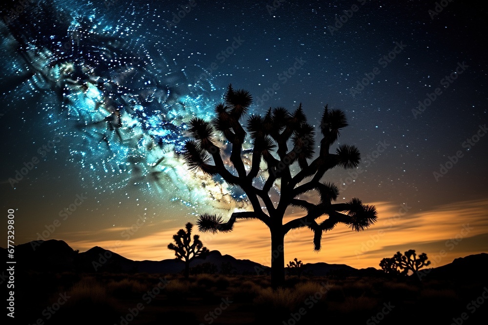A lone Joshua tree silhouetted against a starry night sky with visible Milky Way A lone Joshua tree silhouetted against a starry night sky with visible Milky Way