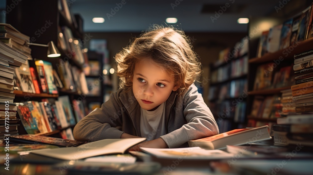 A child looking attentively at the books in a bookstore side view, interested in reading,back to school concept. Image of good education. A child looking attentively at the books in a bookstore side view, interested in reading,back to school concept. Image of good education.
