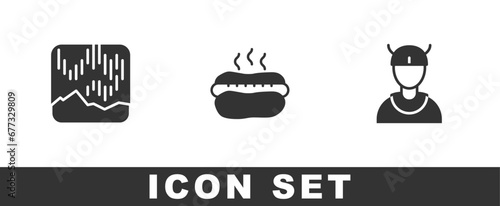 Set Northern lights, Hotdog sandwich and Viking head icon. Vector