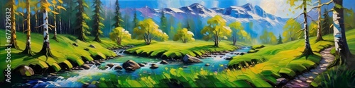Painting banner in spring in green forest, background for your design