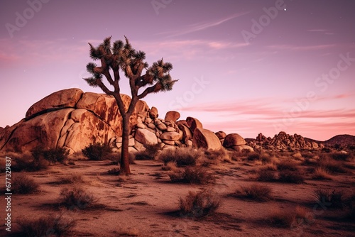 A lone Joshua tree surrounded by a field of boulders, shot during twilight