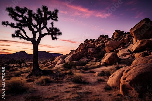 A lone Joshua tree surrounded by a field of boulders  shot during twilight