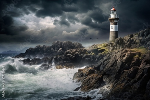 A lone lighthouse on a rocky island under a stormy sky