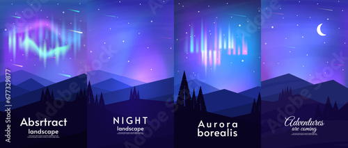 Beautiful aurora borealis landscape. Set of posters. Design for poster, banner, invitation.
