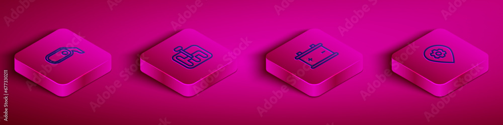 Set Isometric line Car rearview mirror, Gear shifter, battery and Location with car service icon. Vector Set Isometric line Car rearview mirror, Gear shifter, battery and Location with car service icon. Vector