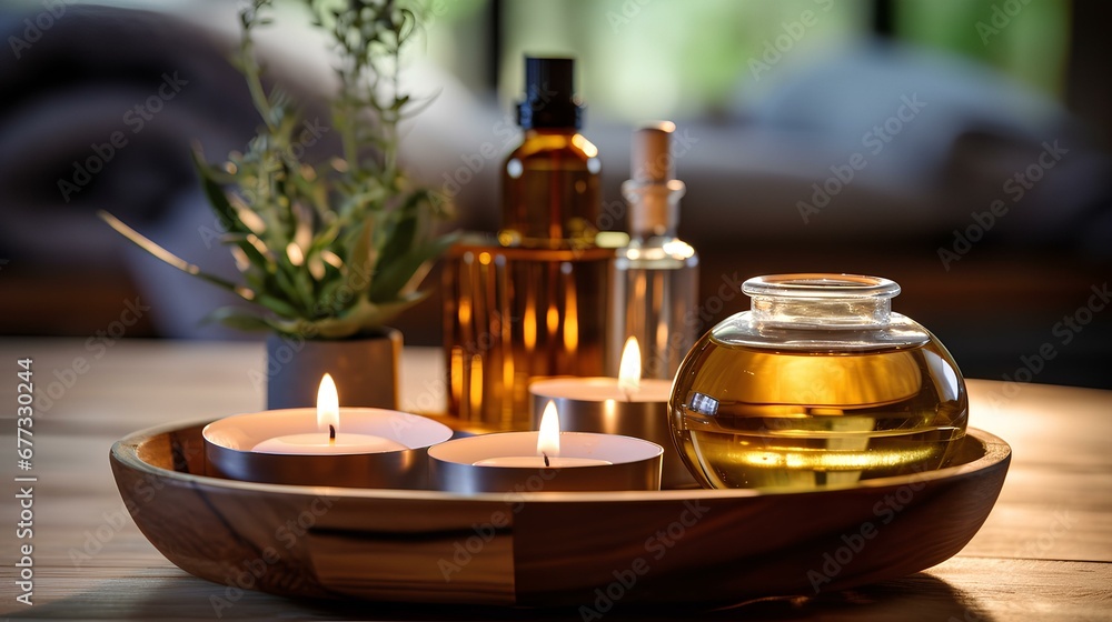 bottles with essential oil and candles on wooden table. Aromatherapy treatment. generative AI bottles with essential oil and candles on wooden table. Aromatherapy treatment. generative AI