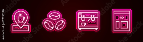 Set line Location with coffee cup, Coffee beans, machine and Bag. Glowing neon icon. Vector