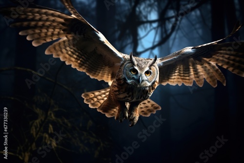 An owl in flight, hunting under the moonlight