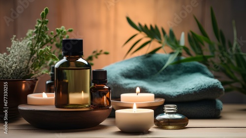 bottles with essential oil and candles on wooden table. Aromatherapy treatment. generative AI