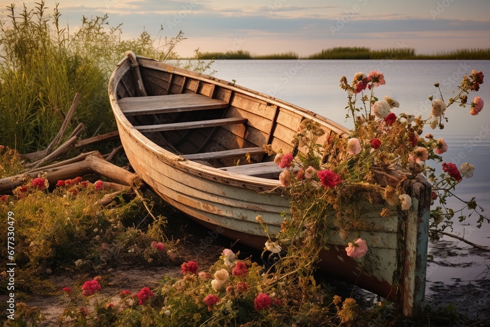 Obraz premium An old, weather-beaten rowboat filled with blooming wildflowers, stranded on the shore