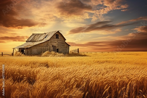 An old, weathered barn amidst golden fields of wheat during harvest season