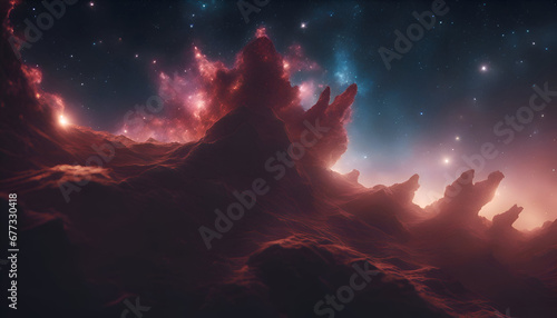 Fantasy alien planet. Mountain and nebula. 3D illustration