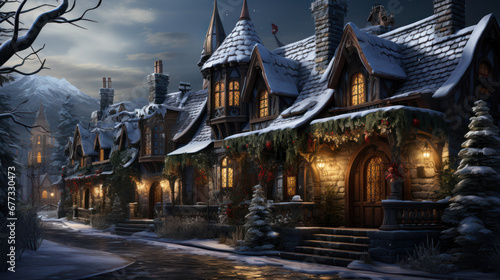 Decorated house with christmas lights. fairy tale xmas illustration