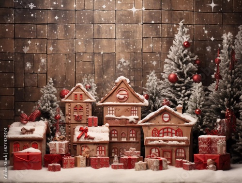 Wooden rustic village background with red Christmas presents, AI generator