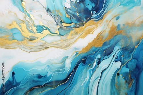 Acrylic pour art with metallic gold swirling in blues