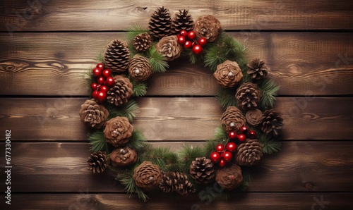 Christmas wreath and pine cones with rustic wooden background, AI generator