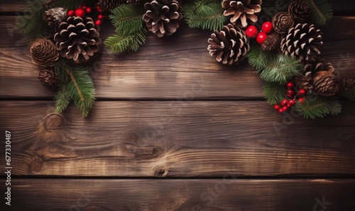 Christmas wreath and pine cones with rustic wooden background, AI generator