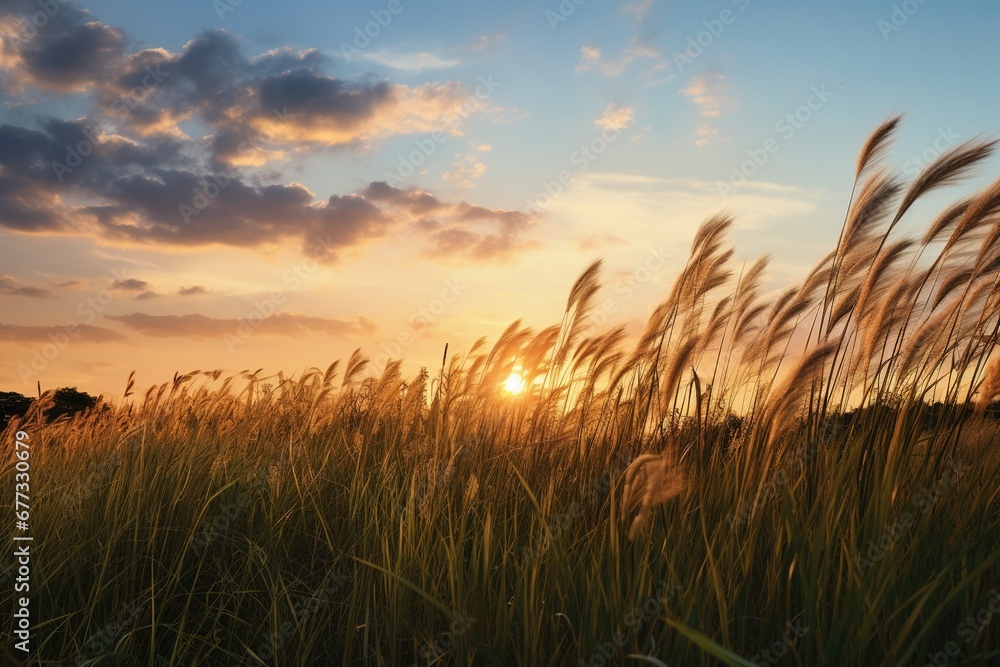 A peaceful meadow with tall grass swaying in the breeze, under a warm sunset sky