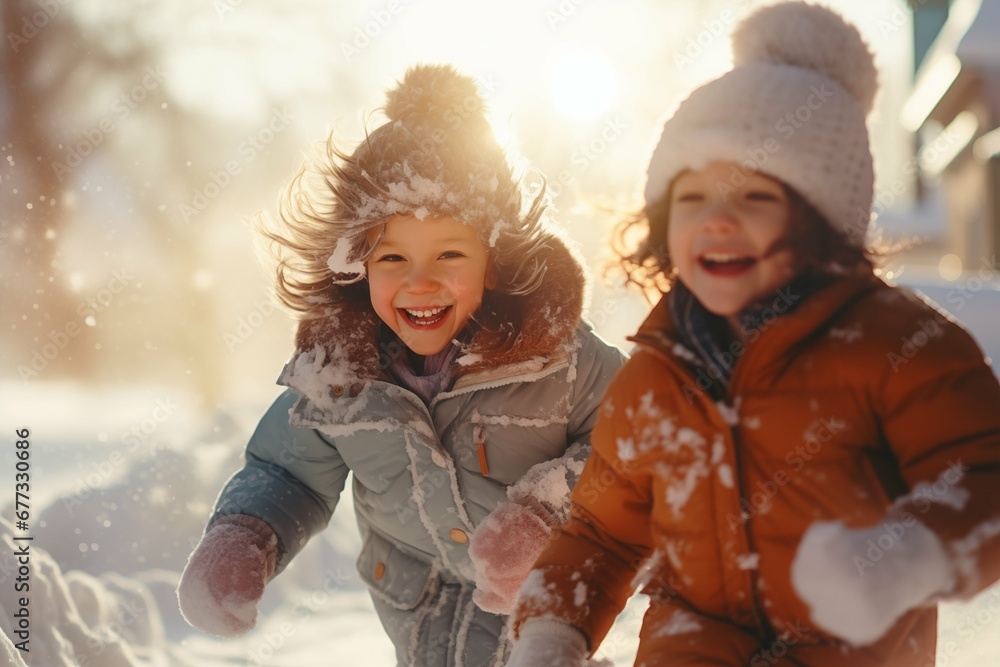 Happy children dressed in warm stylish clothes in winter snowy park. They playing with snow and and laughing Happy children dressed in warm stylish clothes in winter snowy park. They playing with snow and and laughing