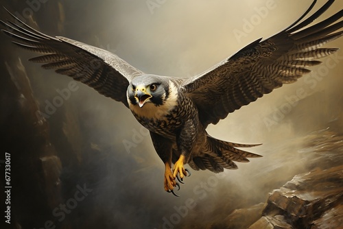 A peregrine falcon diving at top speed, wings tucked photo