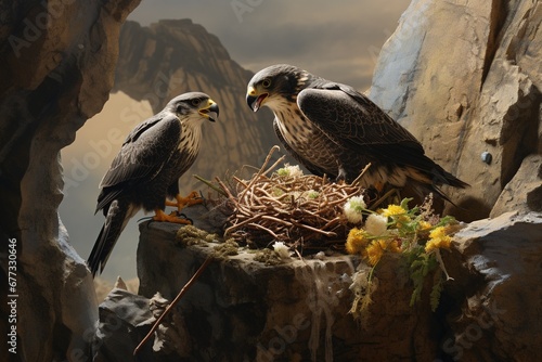 A peregrine falcon feeding chicks in cliffside nest photo
