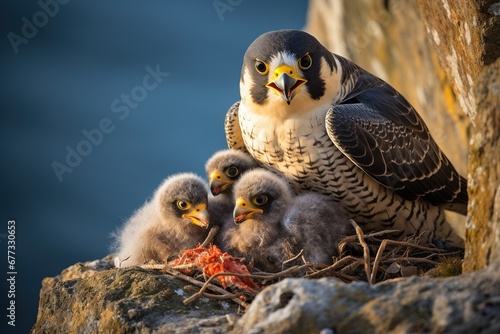 A peregrine falcon feeding chicks in cliffside nest