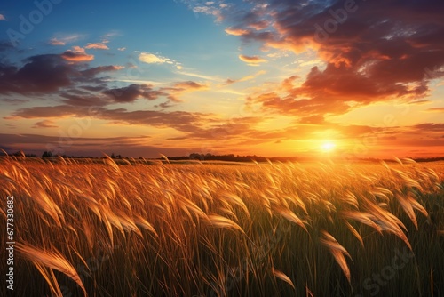 A peaceful meadow with tall grass swaying in the breeze, under a warm sunset sky © Dan