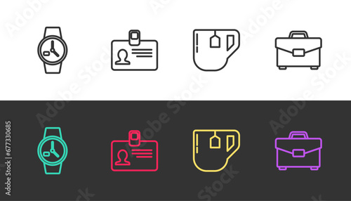 Set line Wrist watch, Identification badge, Cup of tea with tea bag and Briefcase on black and white. Vector