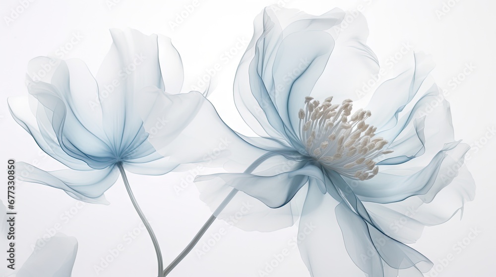  a close up of a blue flower on a white background with a blurry image of a flower in the background.
