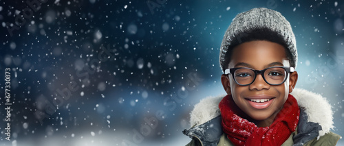 Winter themed boy wearing glasses with room for copy space created with Generative AI technology