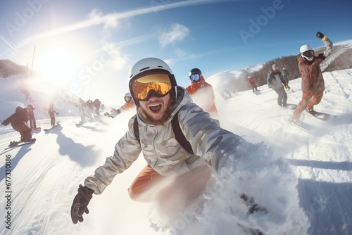 A group of happy smiling friends with ski googles looked at camera in the Ski resort. Beautiful winter sunny day photo