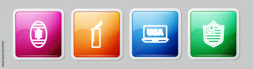 Set line American Football ball, Dynamite bomb, USA on laptop and Shield with stars. Colorful square button. Vector Set line American Football ball, Dynamite bomb, USA on laptop and Shield with stars. Colorful square button. Vector
