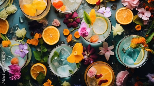  a table topped with glasses filled with different types of drinks and flowers on top of a blue table covered in oranges, pinks, purples and yellows.