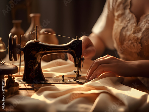 Close up of woman's hand on a vintage sewing machine