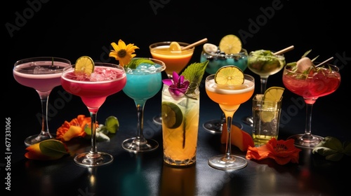  a group of different types of cocktails sitting on a table next to each other on a black tablecloth.