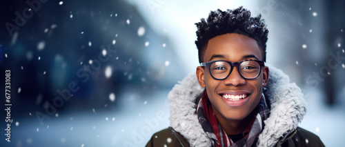 Winter themed teen boy wearing glasses with room for copy space created with Generative AI technology