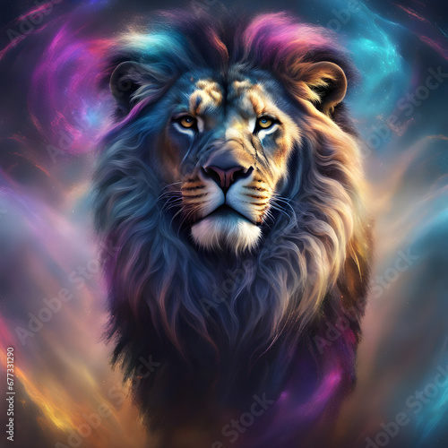 An african lion in a cinematic colorful background