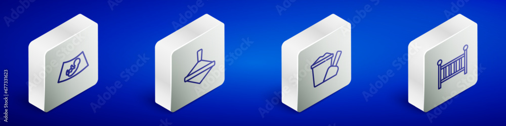 Set Isometric line Ultrasound of baby, Whirligig toy, Sand in bucket with shovel and Baby crib cradle icon. Vector Set Isometric line Ultrasound of baby, Whirligig toy, Sand in bucket with shovel and Baby crib cradle icon. Vector