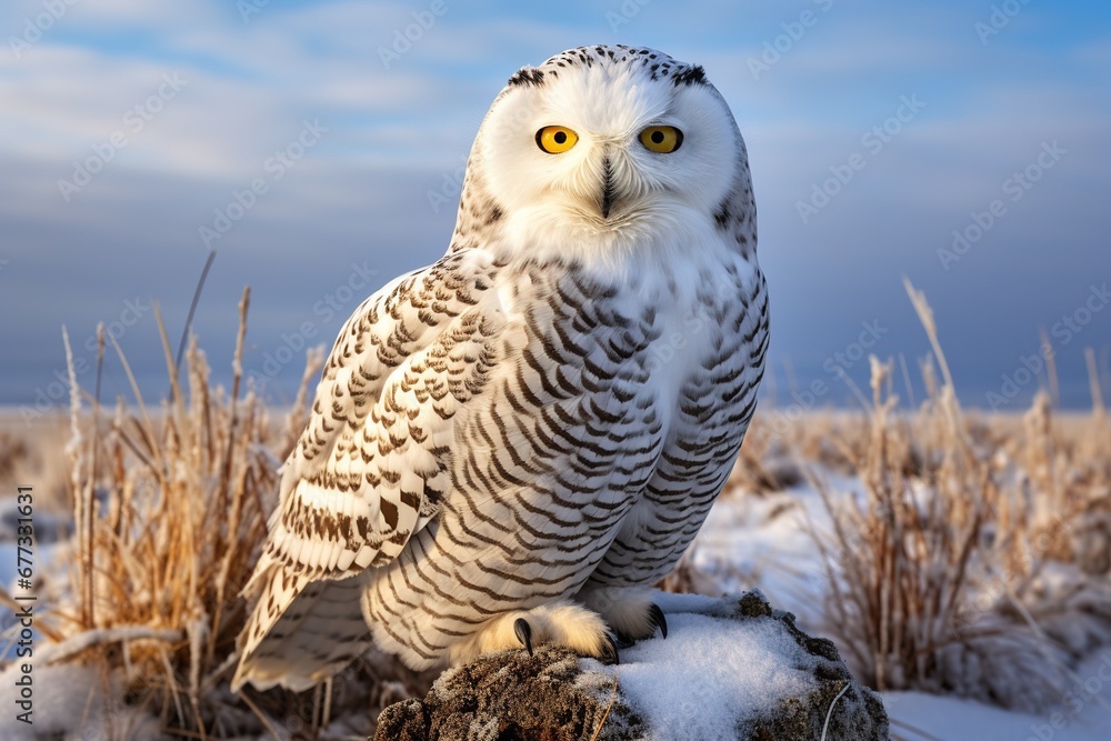 Fototapeta premium A regal snowy owl scanning the tundra for prey