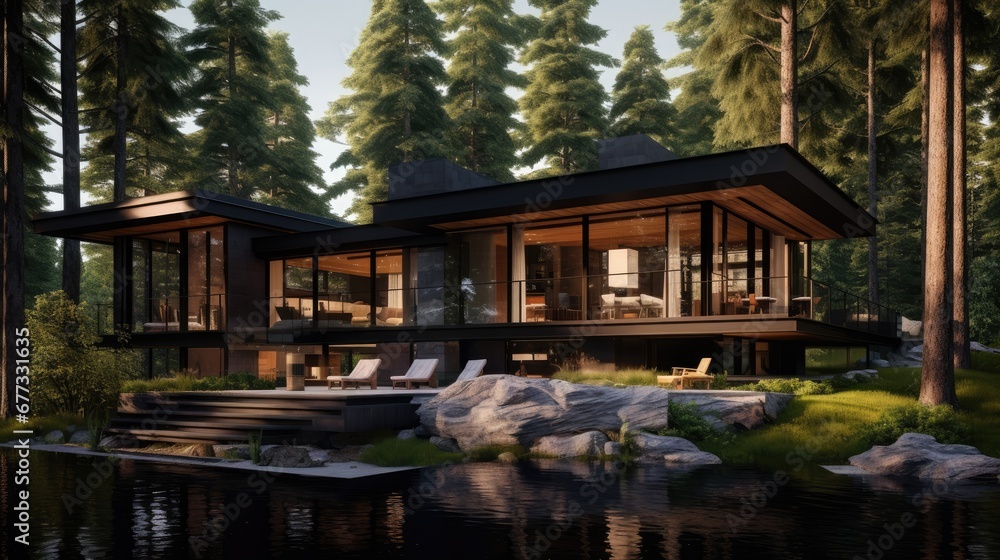  an artist's rendering of a house in the woods with a lake in the foreground and rocks in the foreground.