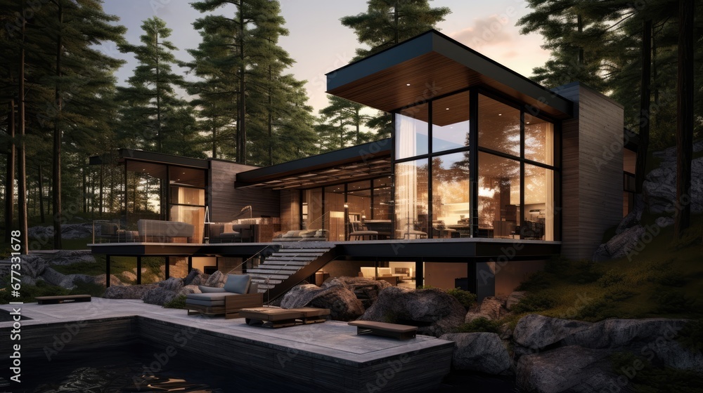  a rendering of a house in the woods with a pool in the foreground and stairs leading up to the upper level of the house.