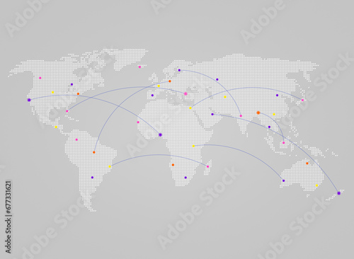 White world map made of small triangles on gray with curving lines or flight paths connecting colorful dots as cities. Concept illustration of global communications, transportation, traveling. #677331621